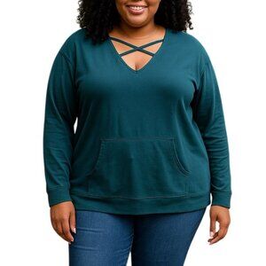 BCG Size XL Pullover Top Strappy V-Neck Long Sleeve Teal Casual Pocket Style